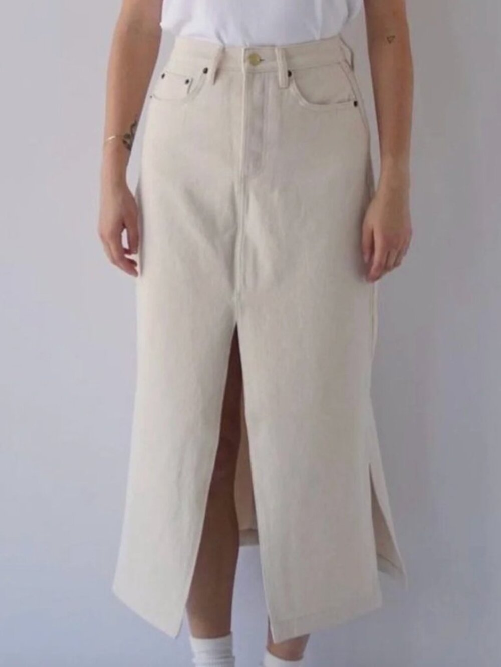 STILL HERE Beige Denim Midi Skirt SIZE 26